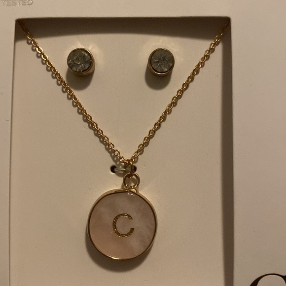 Genuine Rose Quartz with "C" Initial Disc Necklace and Earring Set 18.5” - Picture 5 of 12